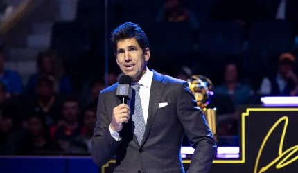 San Francisco, California, USA; Former Golden State Warriors general manager Bob Myers talks during the Andre Iguodala jersey retirement ceremony at Chase Center. Mandatory Credit: John Hefti-Imagn Images