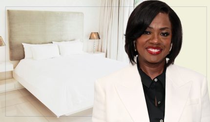 picture of neutral bedroom with cut out of viola davis over top